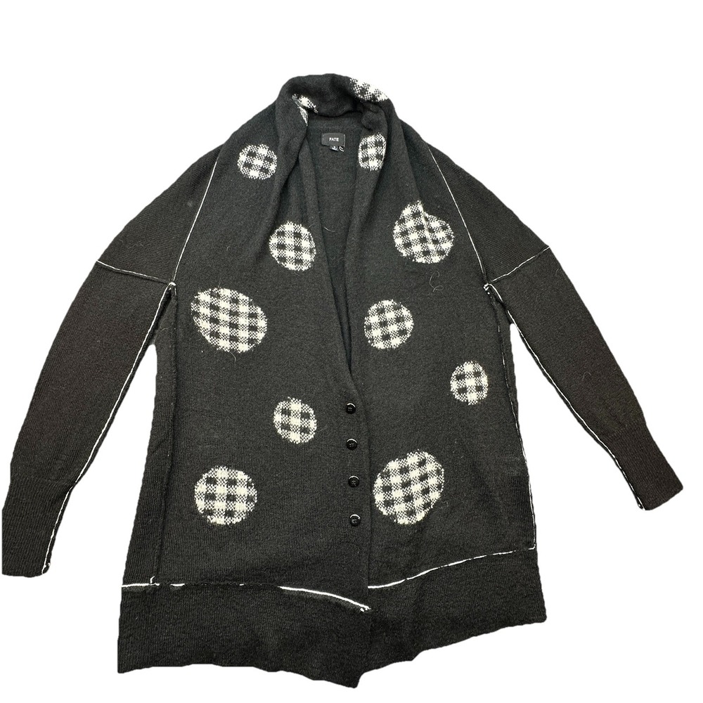 FATE‎ Black Long Cardigan Sweater Polka Dot Plaid Wool Blend Size Small
